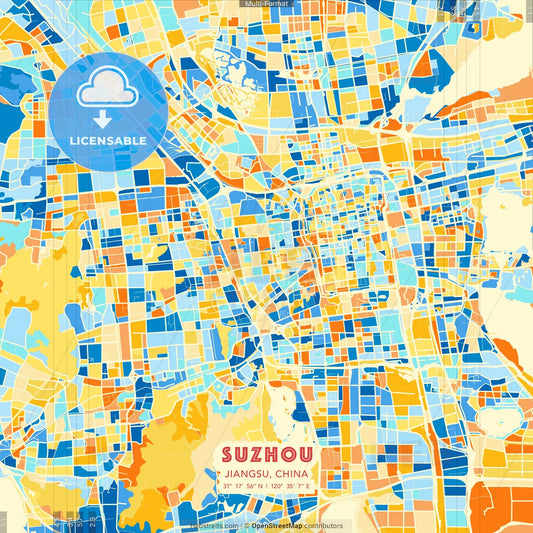 Suzhou, Jiangsu, China blue and orange vector art map template