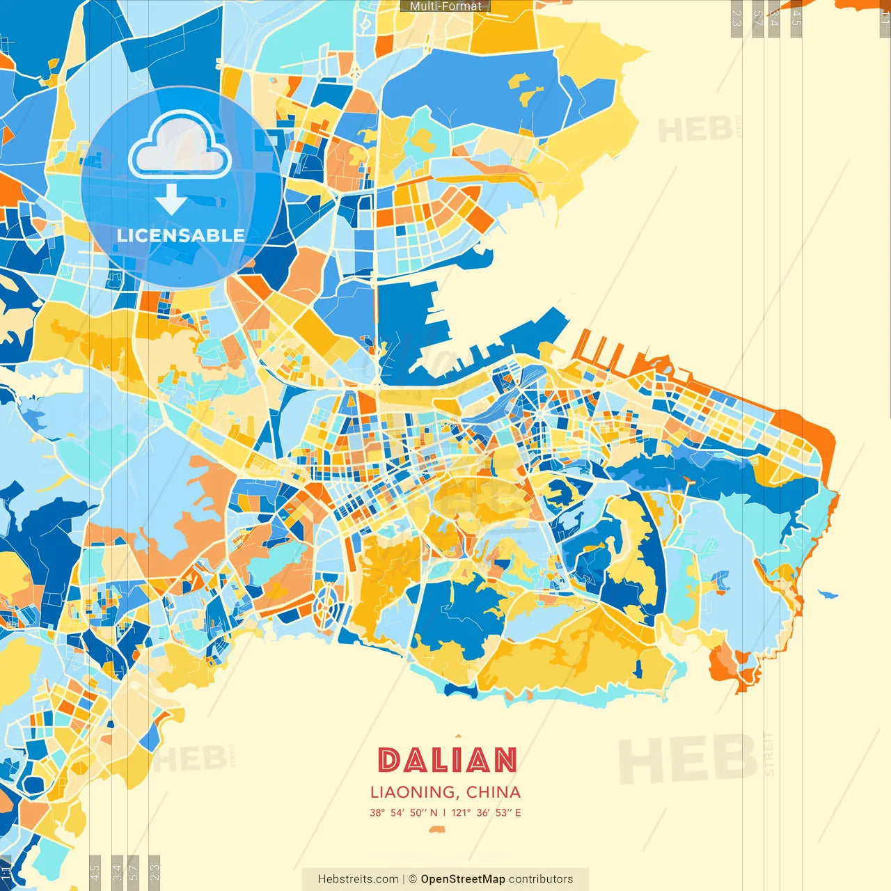 Dalian, Liaoning, China blue and orange vector art map template