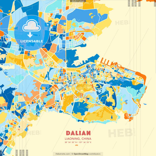 Dalian, Liaoning, China blue and orange vector art map template