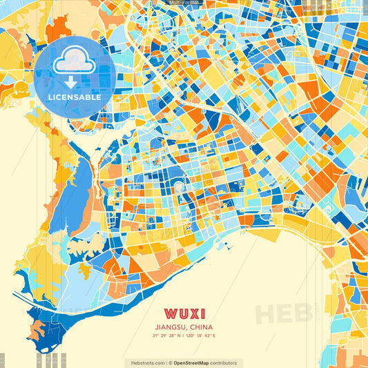 Wuxi, Jiangsu, China blue and orange vector art map template