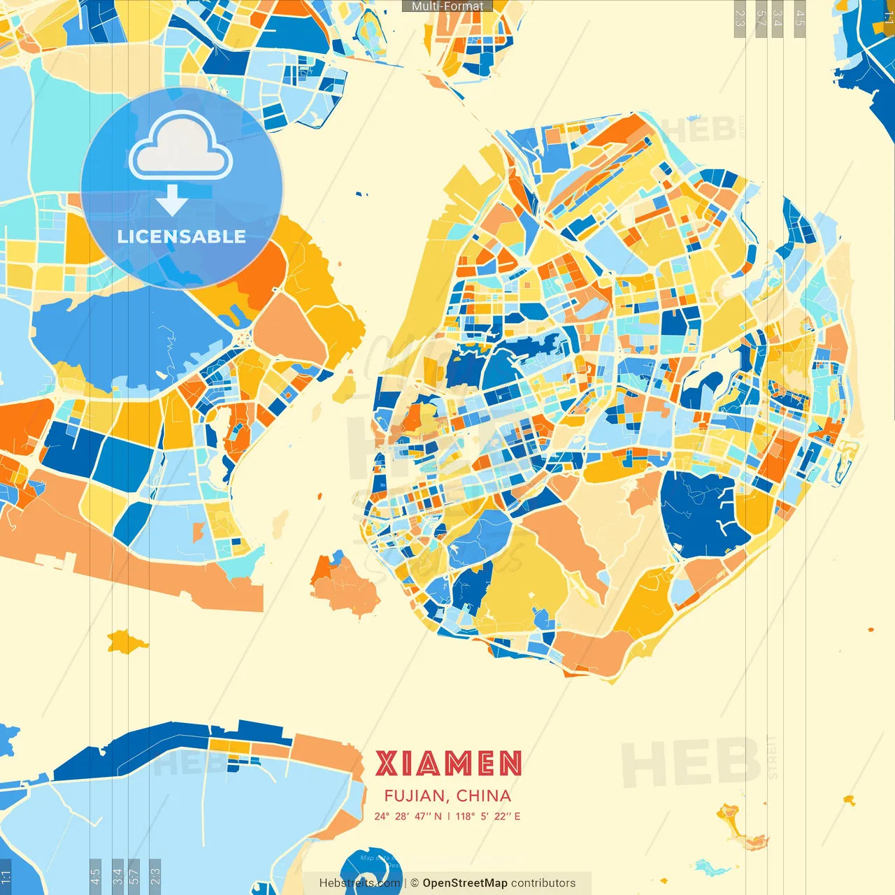 Xiamen, Fujian, China blue and orange vector art map template