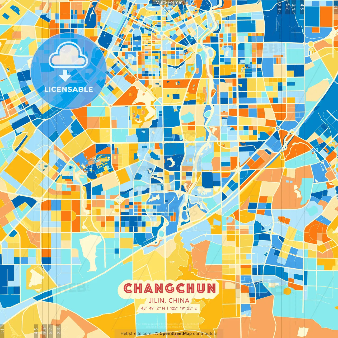 Changchun, Jilin, China blue and orange vector art map template