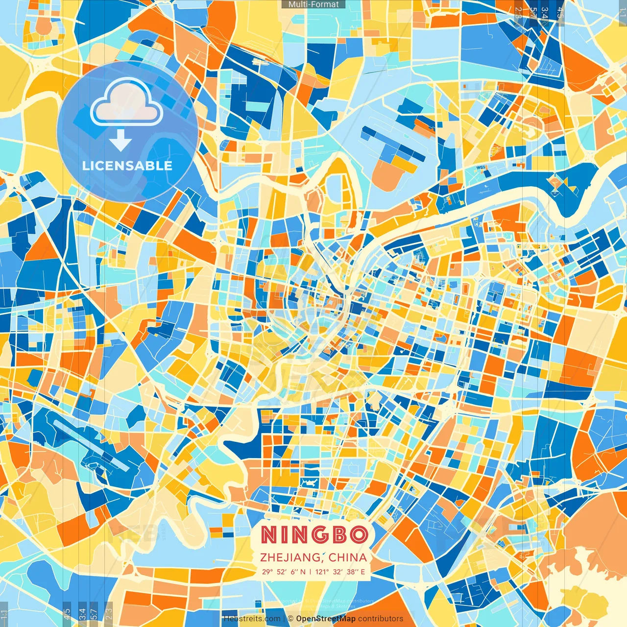 Ningbo, Zhejiang, China blue and orange vector art map template