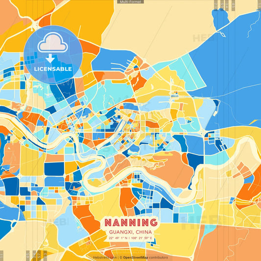 Nanning, Guangxi, China blue and orange vector art map template