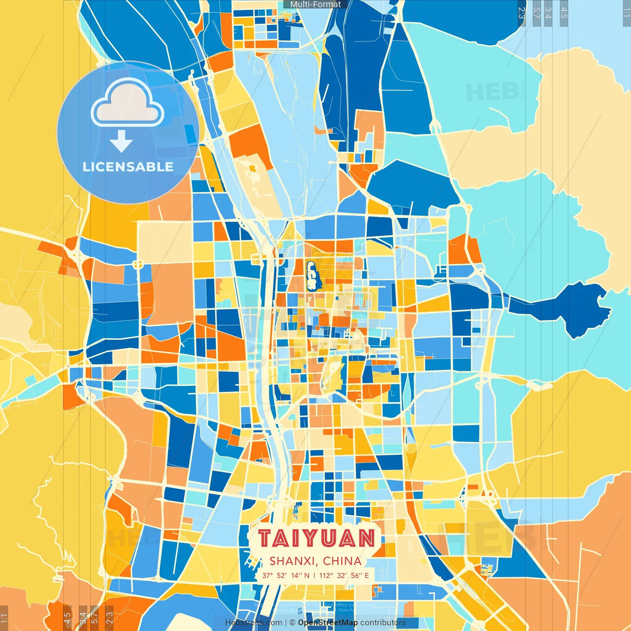 Taiyuan, Shanxi, China blue and orange vector art map template