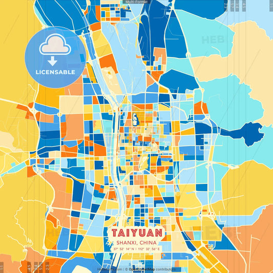 Taiyuan, Shanxi, China blue and orange vector art map template