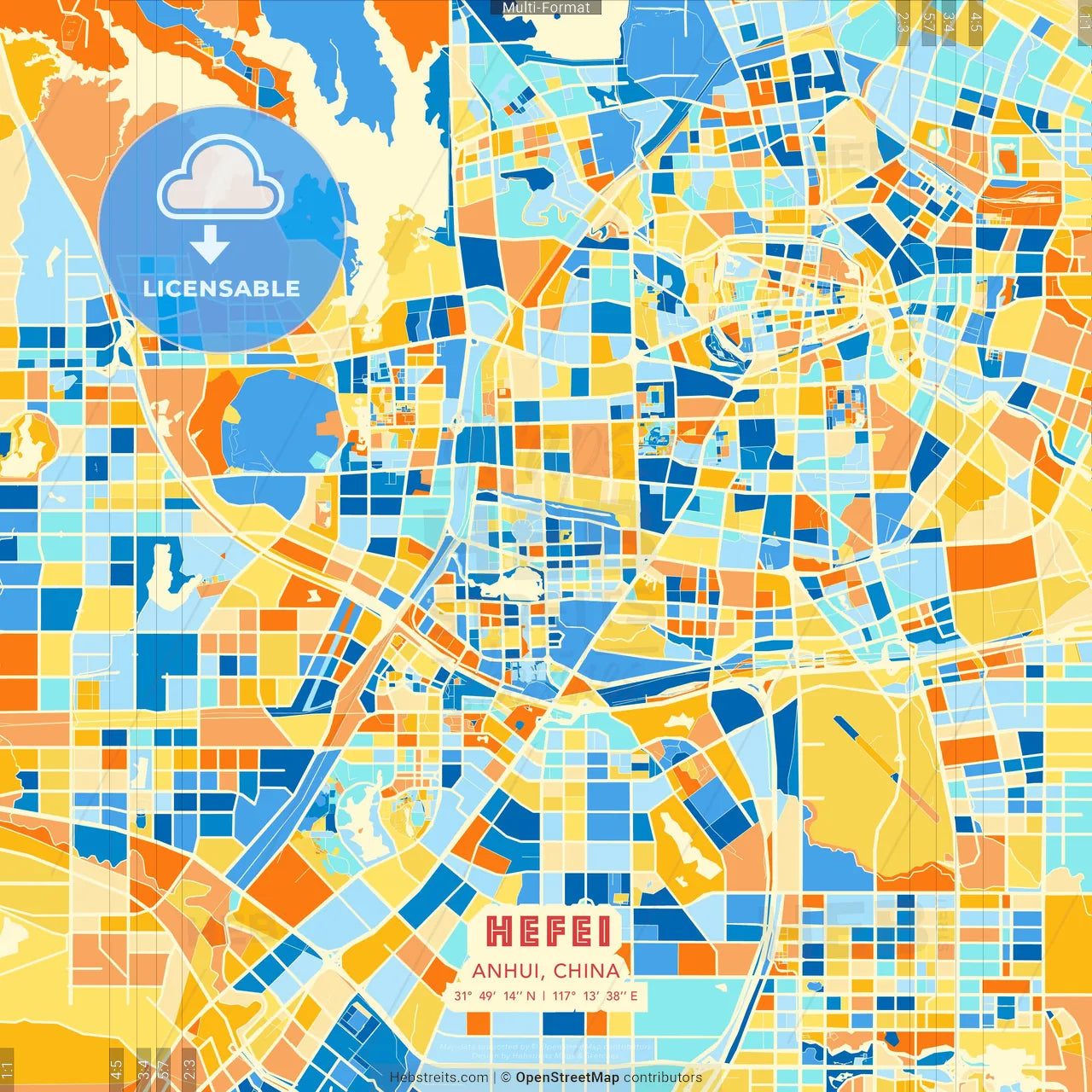 Hefei, Anhui, China blue and orange vector art map template