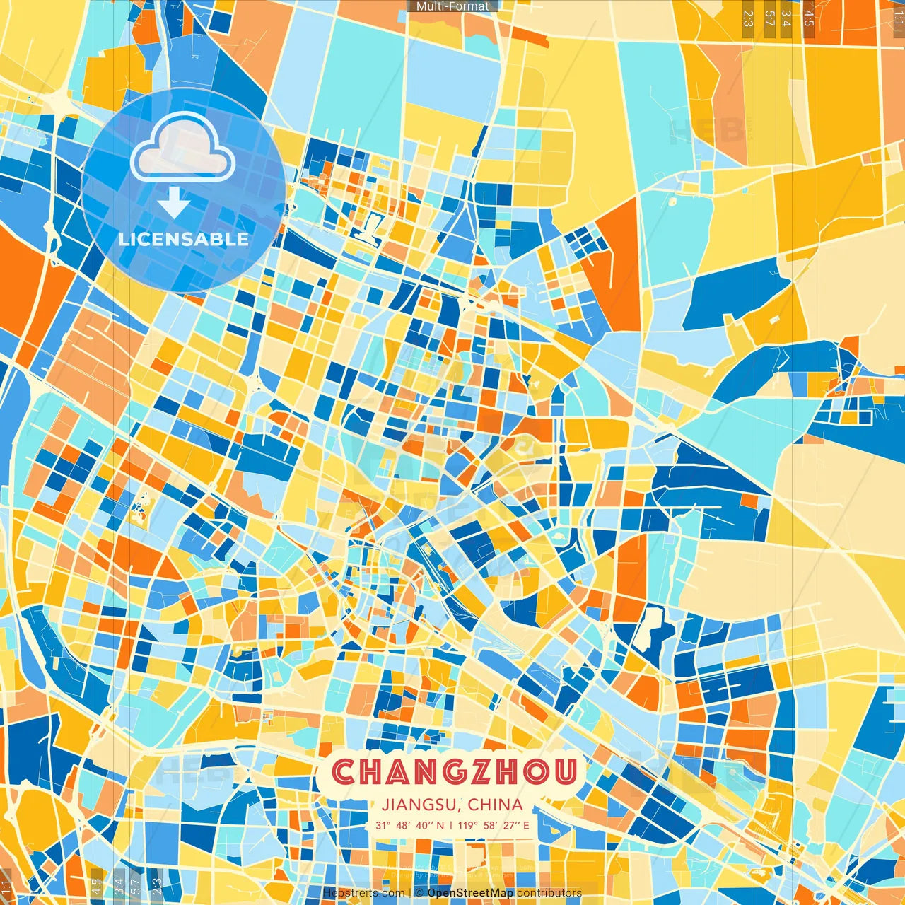 Changzhou, Jiangsu, China blue and orange vector art map template