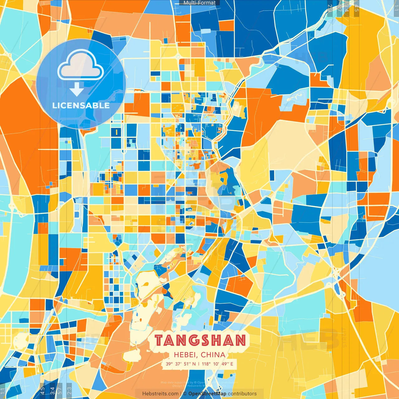 Tangshan, Hebei, China blue and orange vector art map template