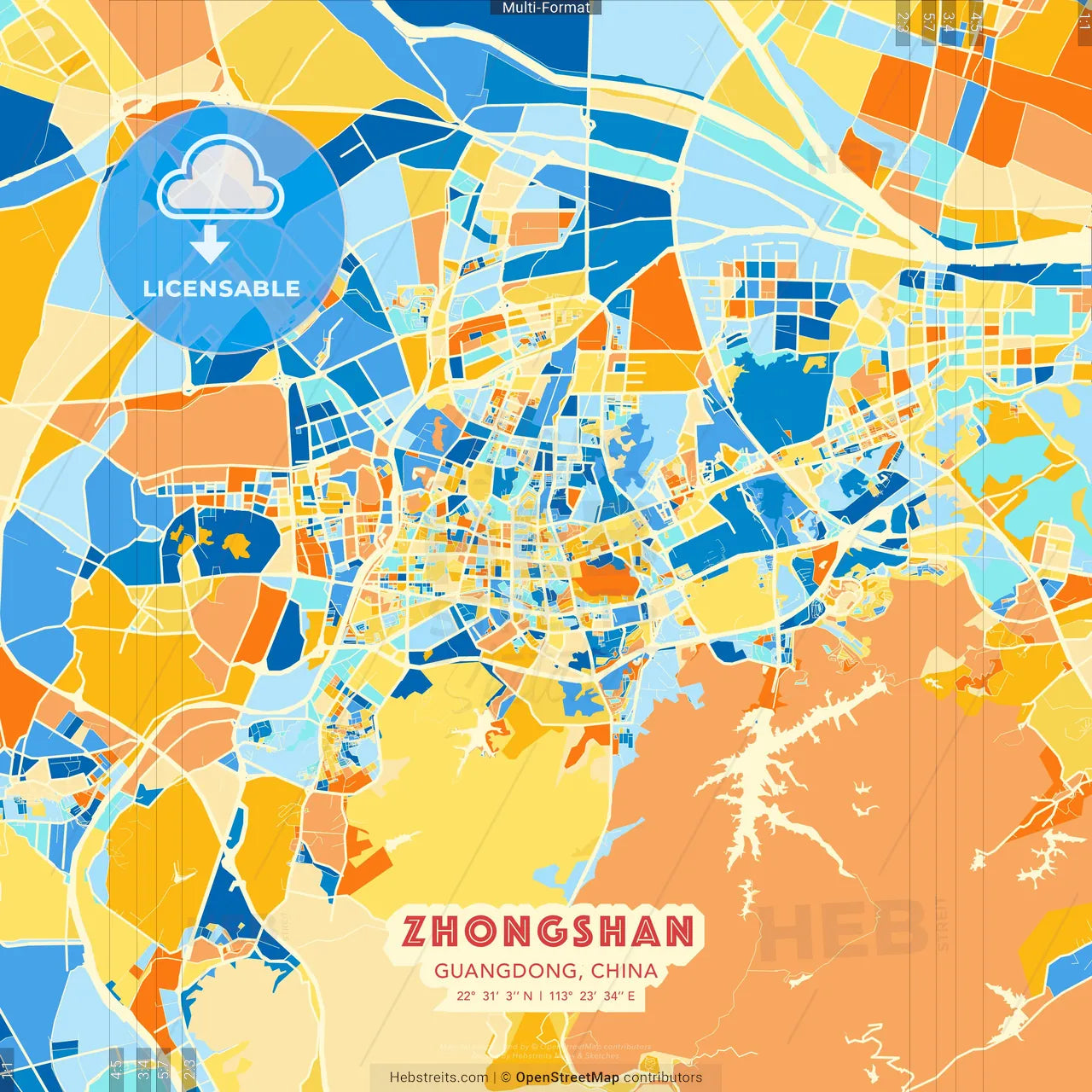 Zhongshan, Guangdong, China blue and orange vector art map template