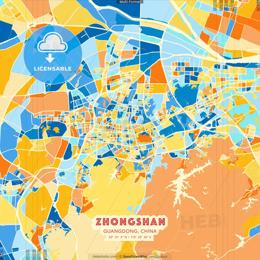 Zhongshan, Guangdong, China blue and orange vector art map template