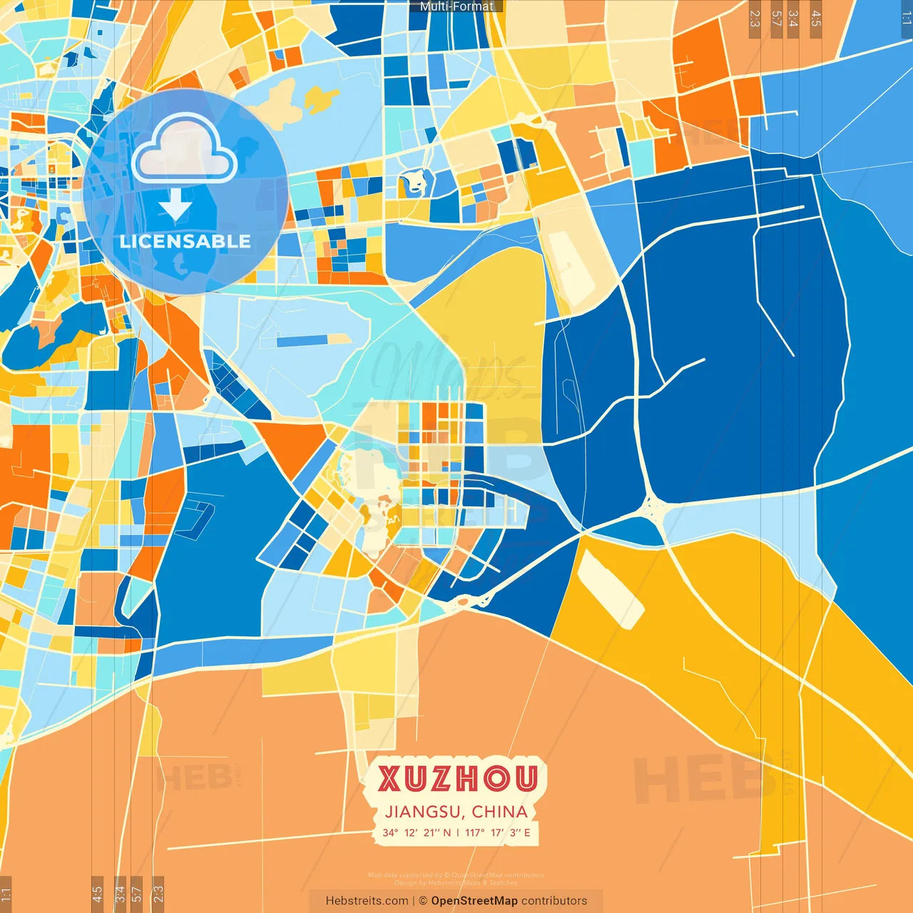 Xuzhou, Jiangsu, China blue and orange vector art map template