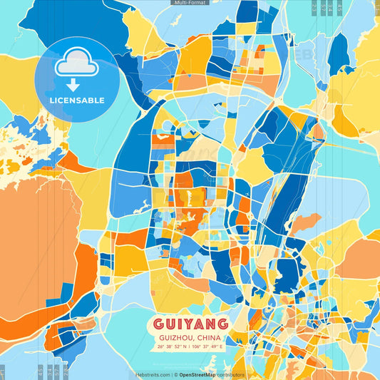 Guiyang, Guizhou, China blue and orange vector art map template