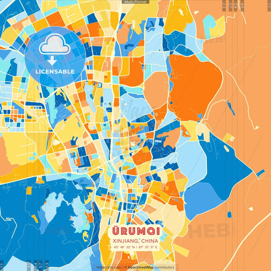 Ürumqi, Xinjiang, China blue and orange vector art map template