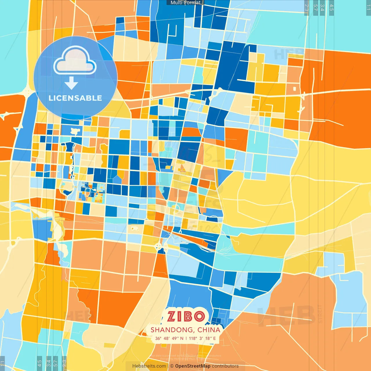 Zibo, Shandong, China blue and orange vector art map template