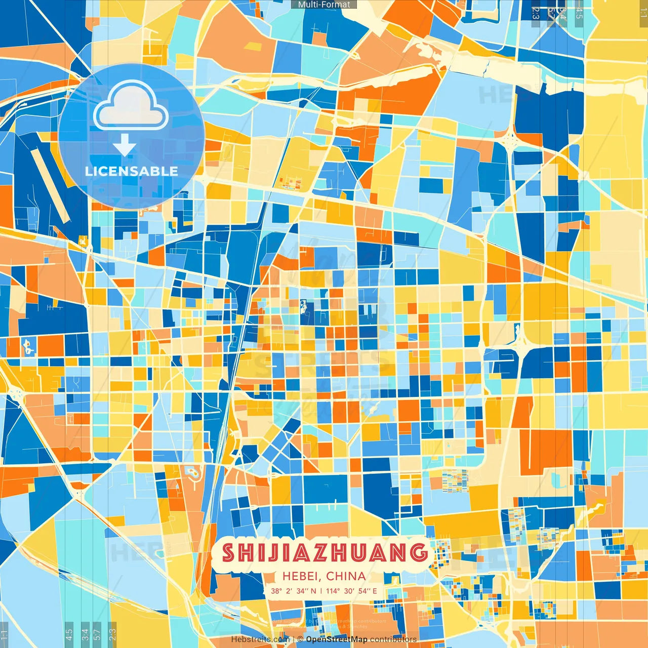 Shijiazhuang, Hebei, China blue and orange vector art map template