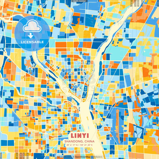 Linyi, Shandong, China blue and orange vector art map template