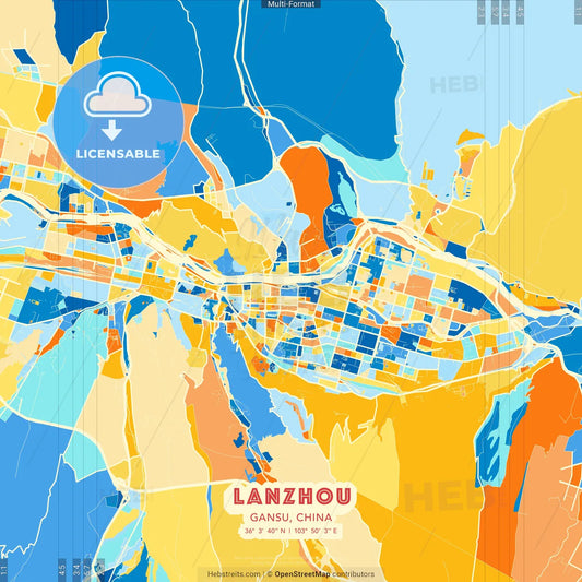 Lanzhou, Gansu, China blue and orange vector art map template