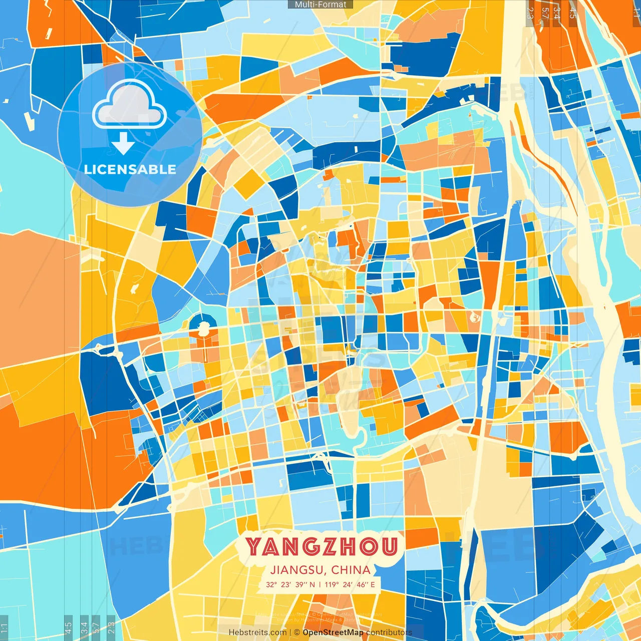 Yangzhou, Jiangsu, China blue and orange vector art map template