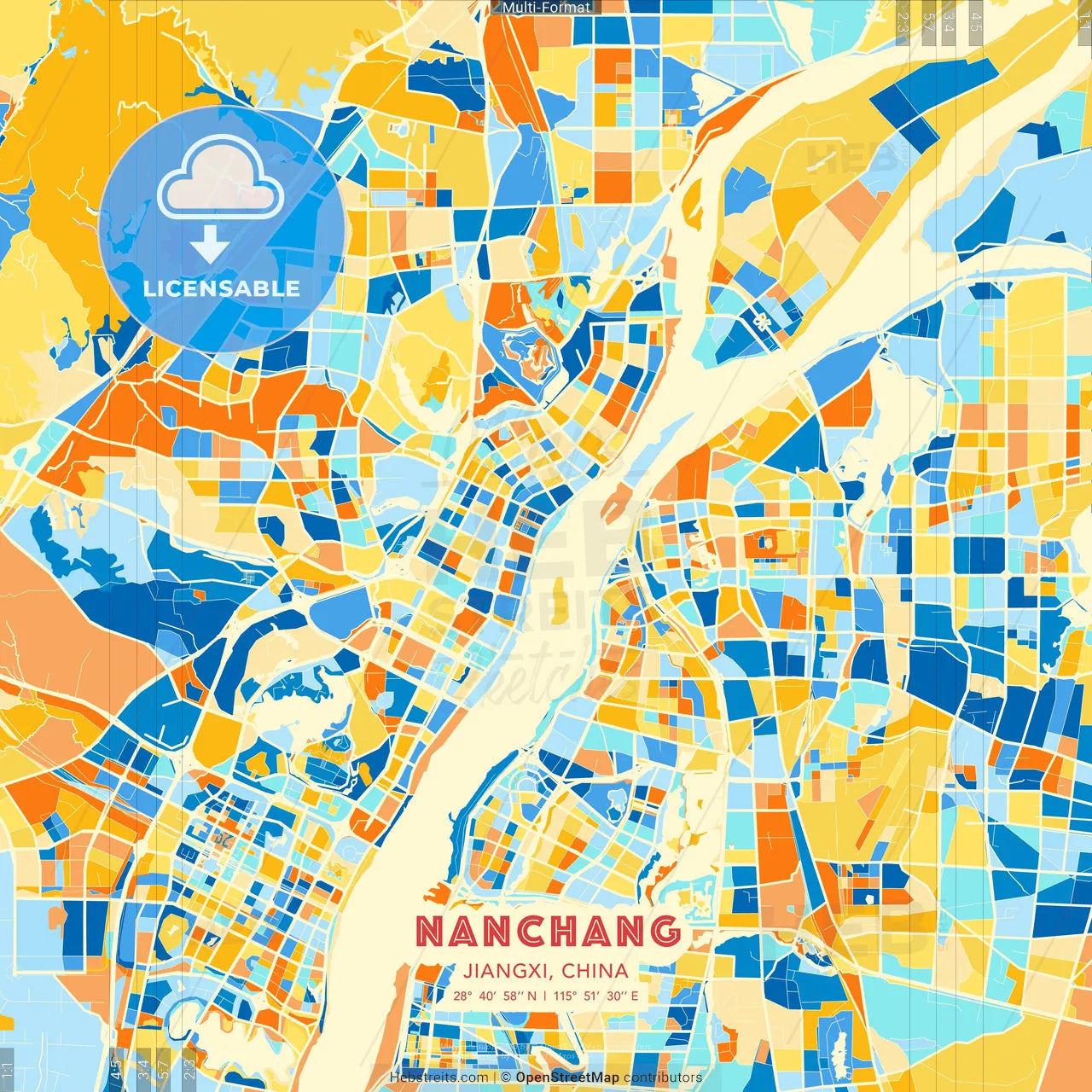 Nanchang, Jiangxi, China blue and orange vector art map template