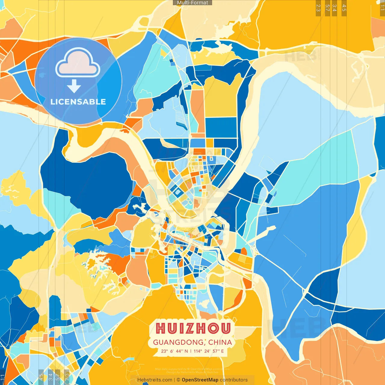 Huizhou, Guangdong, China blue and orange vector art map template