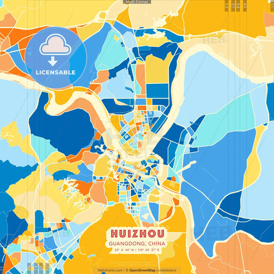 Huizhou, Guangdong, China blue and orange vector art map template