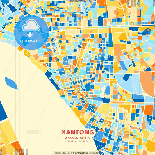 Nantong, Jiangsu, China blue and orange vector art map template