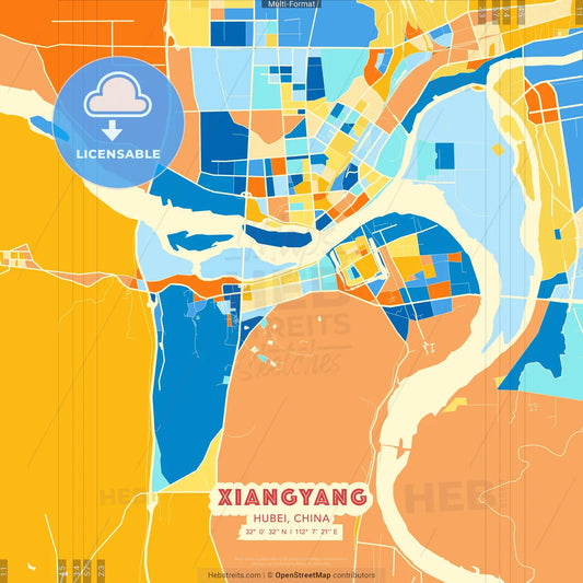 Xiangyang, Hubei, China blue and orange vector art map template
