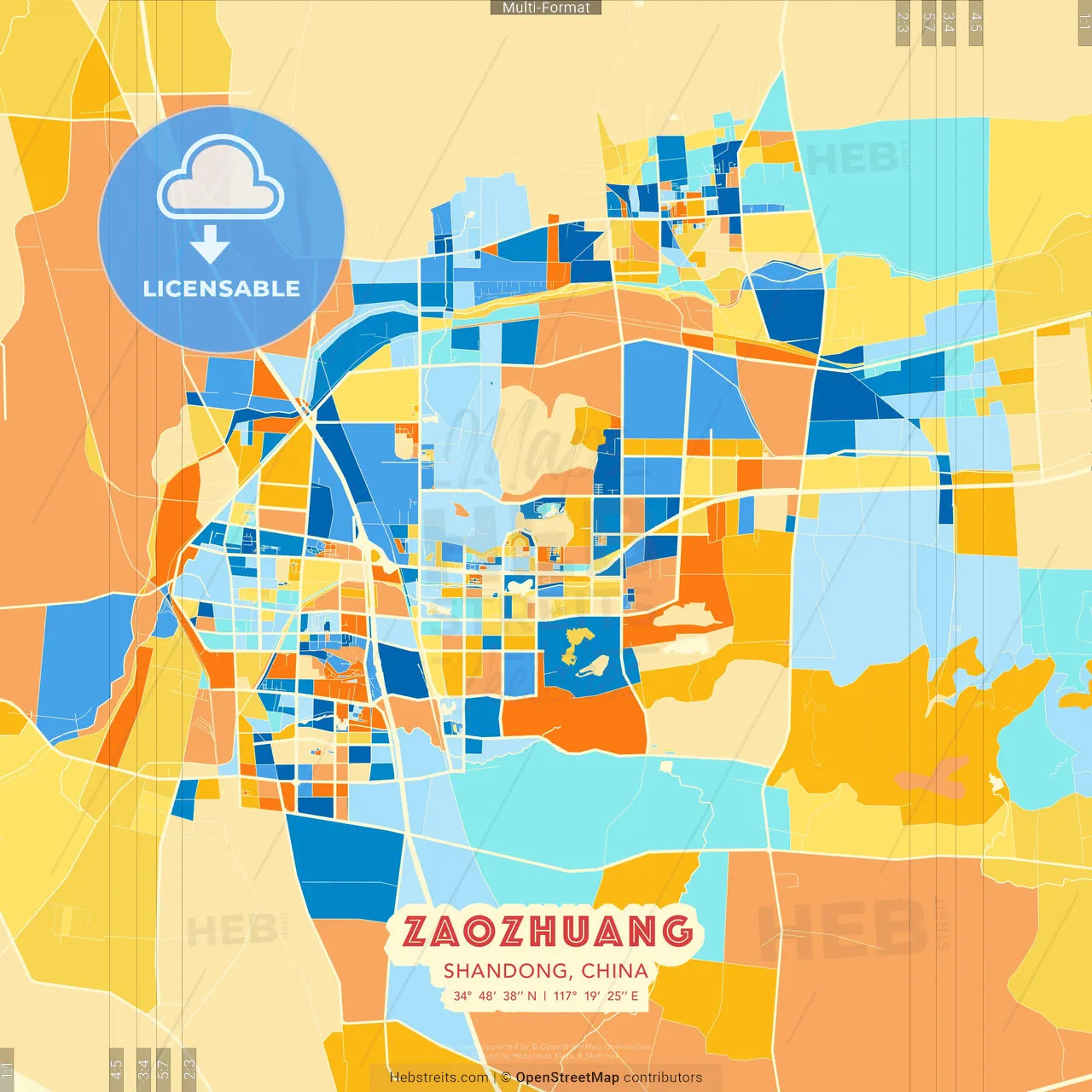 Zaozhuang, Shandong, China blue and orange vector art map template