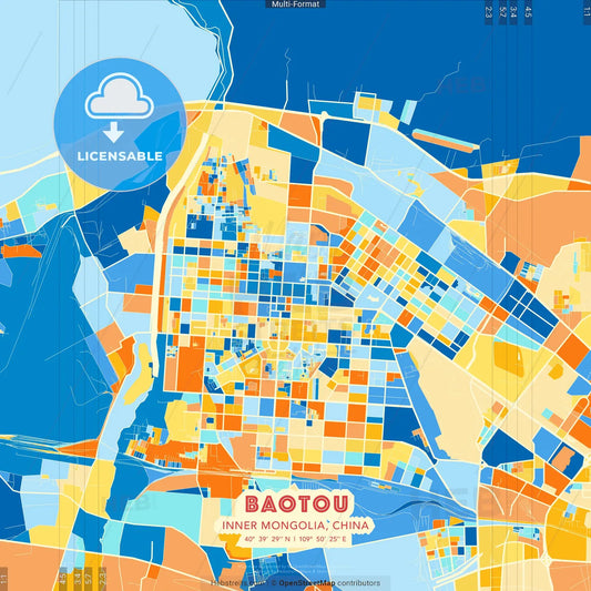 Baotou, Inner Mongolia, China blue and orange vector art map template
