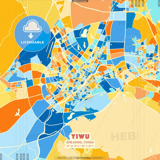 Yiwu, Zhejiang, China blue and orange vector art map template