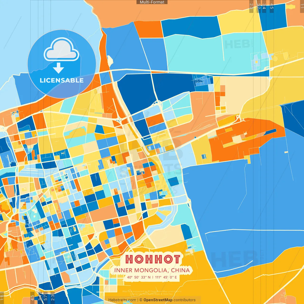 Hohhot, Inner Mongolia, China blue and orange vector art map template