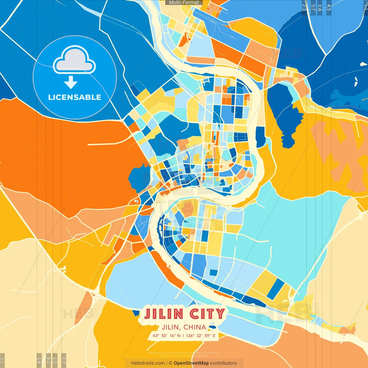 Jilin City, Jilin, China blue and orange vector art map template