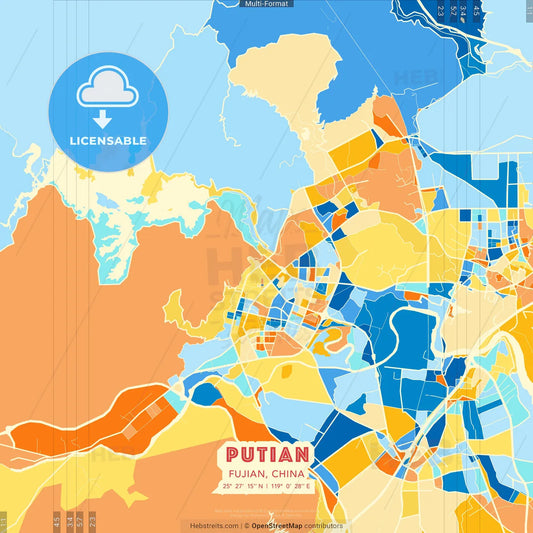 Putian, Fujian, China blue and orange vector art map template