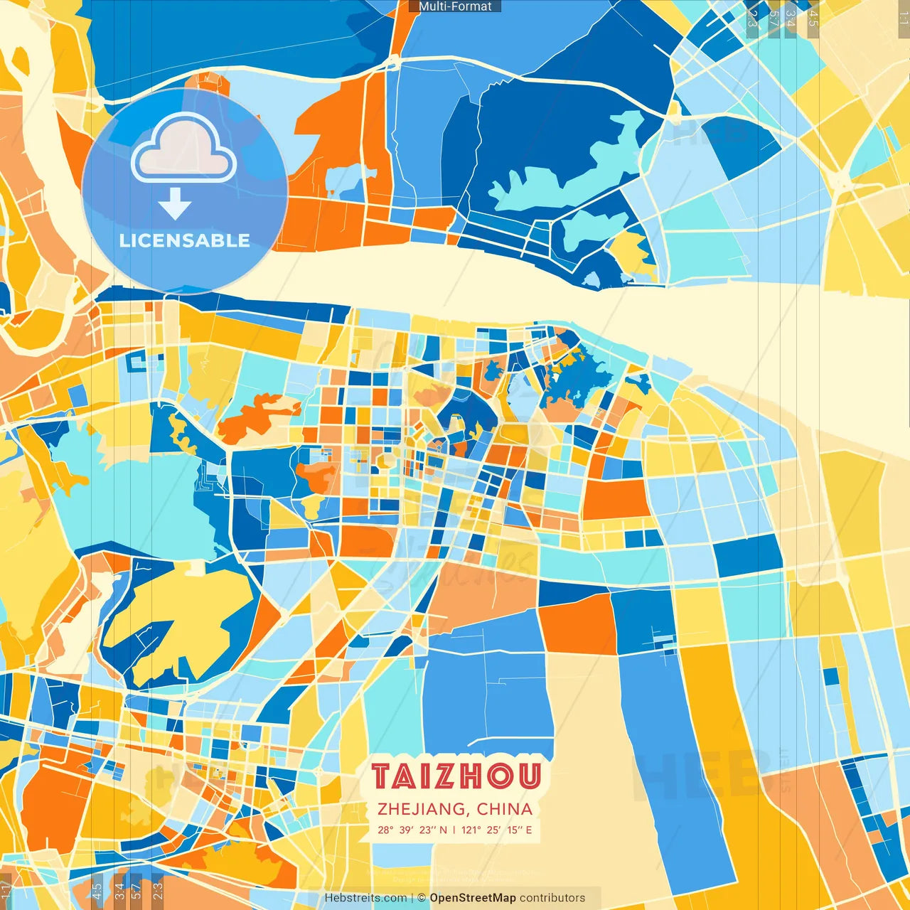 Taizhou, Zhejiang, China blue and orange vector art map template