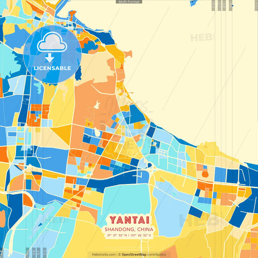 Yantai, Shandong, China blue and orange vector art map template