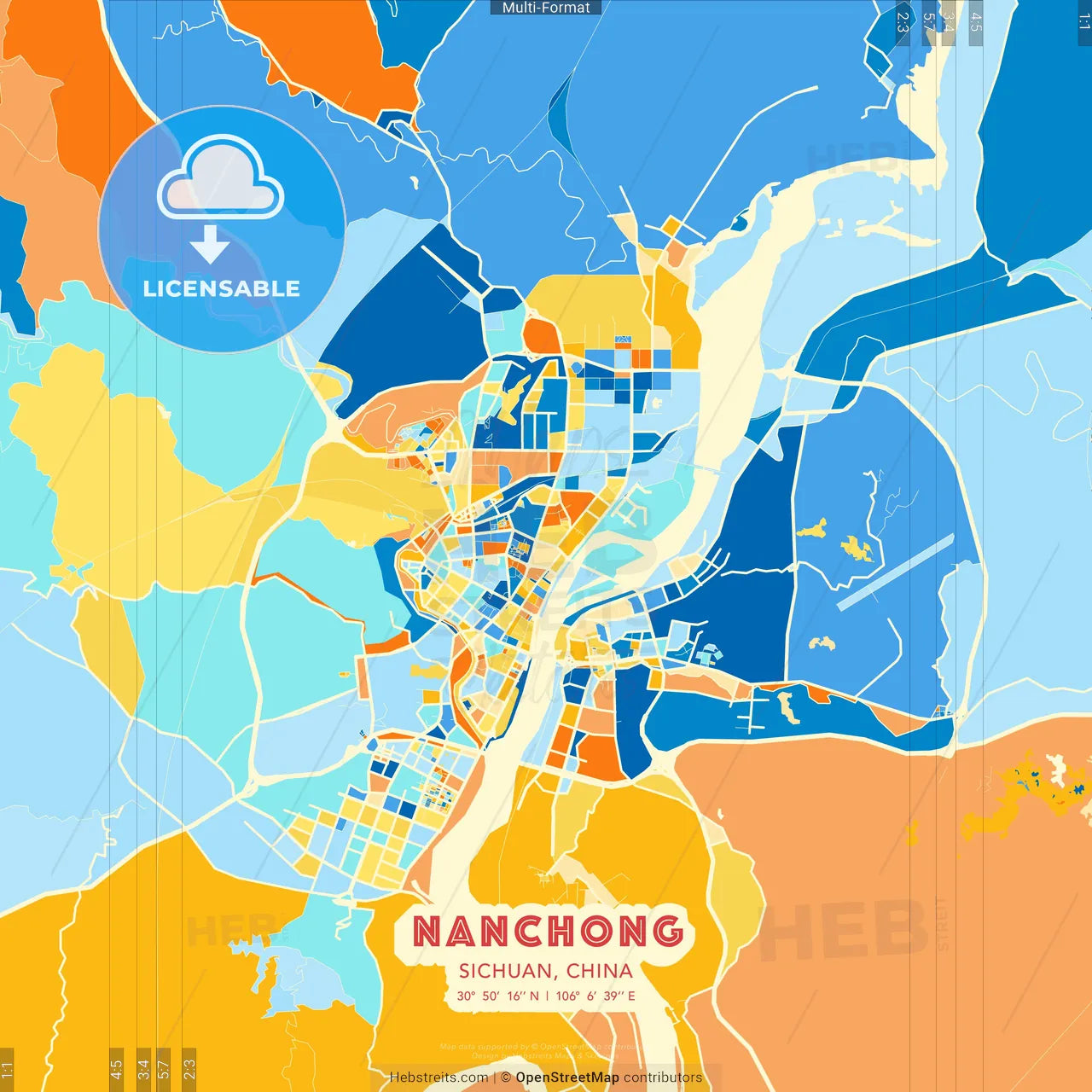 Nanchong, Sichuan, China blue and orange vector art map template