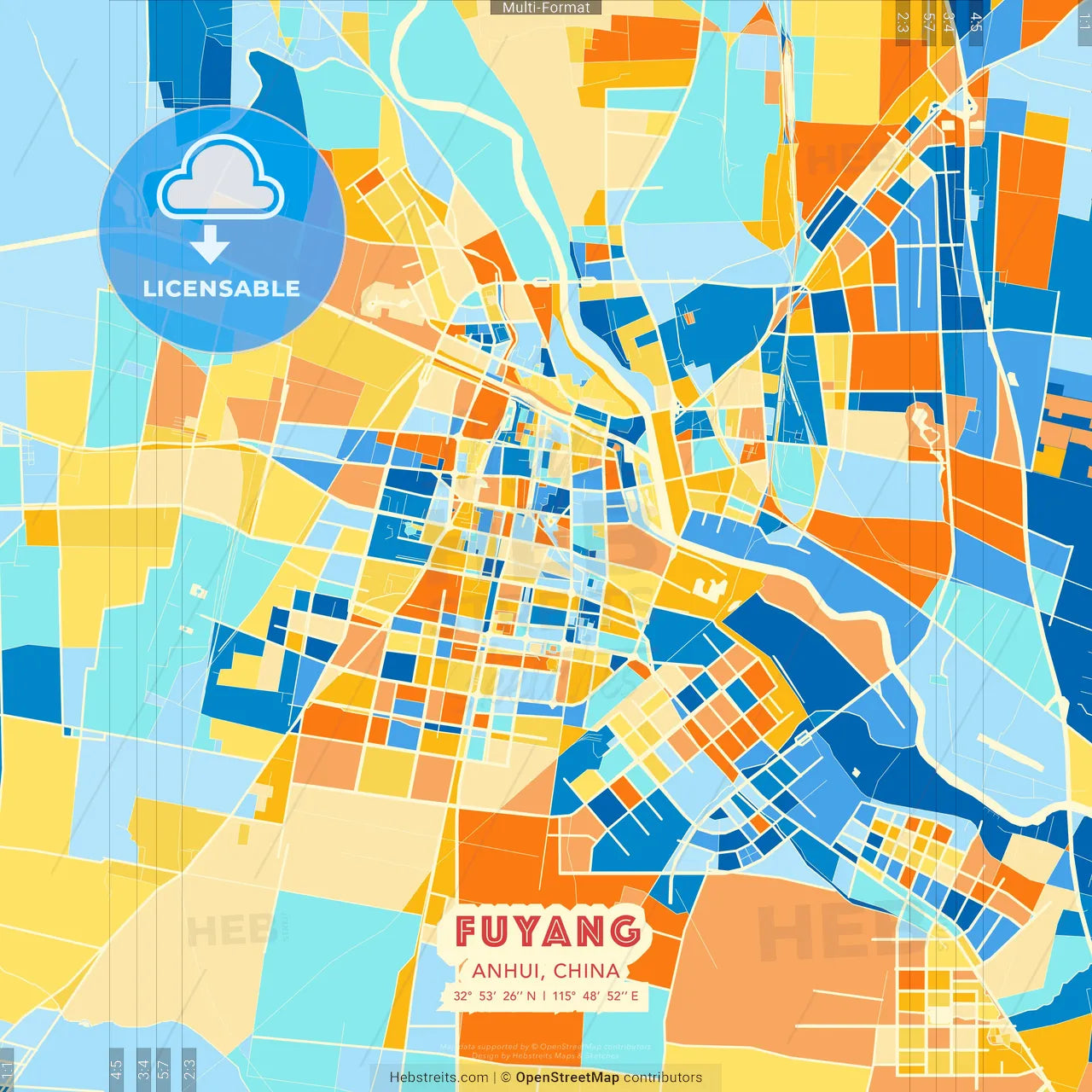 Fuyang, Anhui, China blue and orange vector art map template