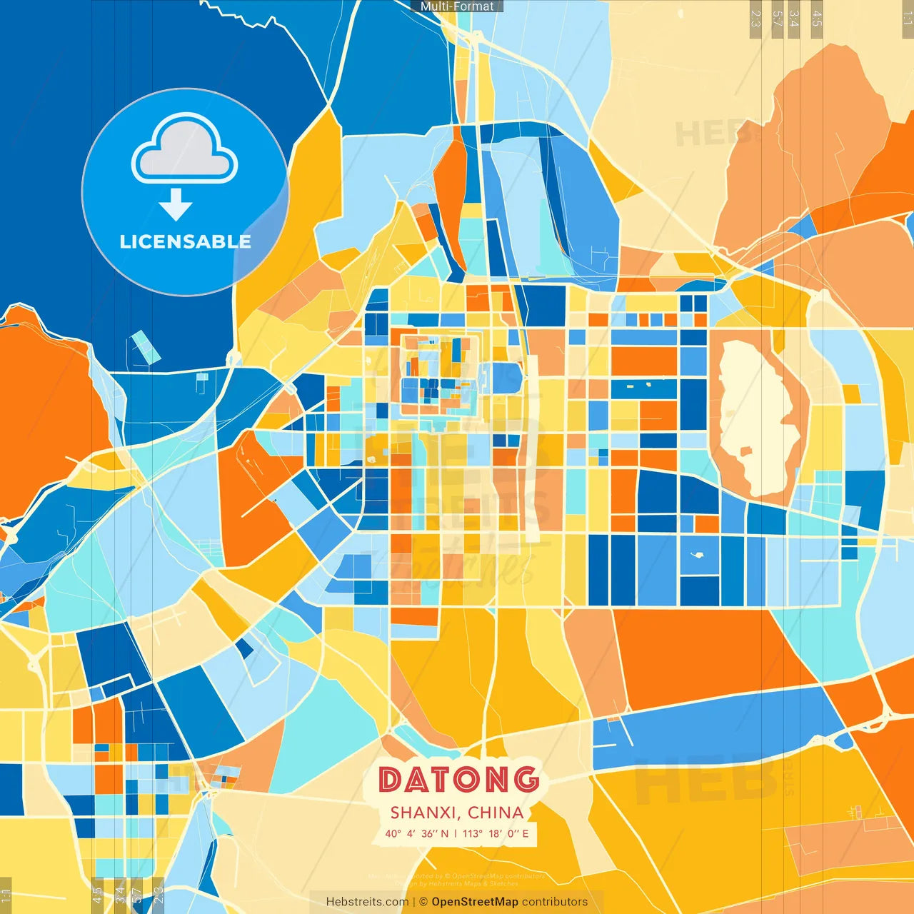 Datong, Shanxi, China blue and orange vector art map template