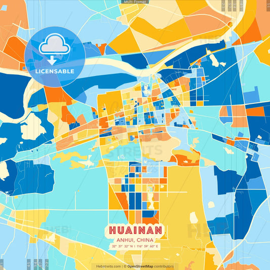 Huainan, Anhui, China blue and orange vector art map template