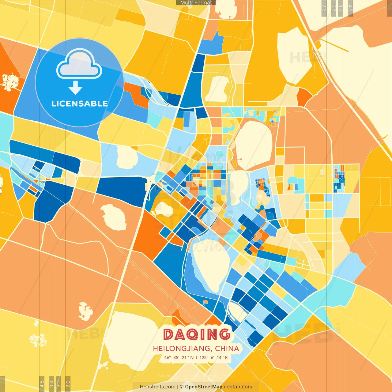 Daqing, Heilongjiang, China blue and orange vector art map template