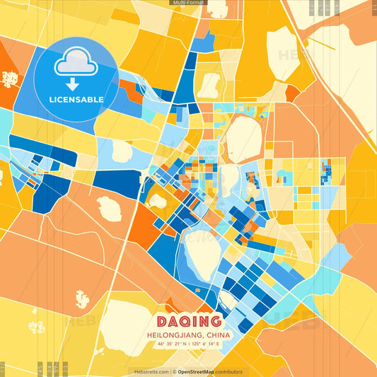 Daqing, Heilongjiang, China blue and orange vector art map template