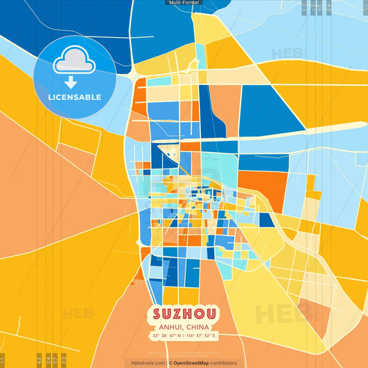 Suzhou, Anhui, China blue and orange vector art map template