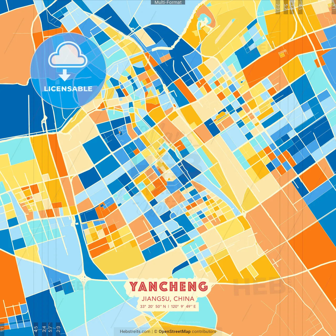 Yancheng, Jiangsu, China blue and orange vector art map template