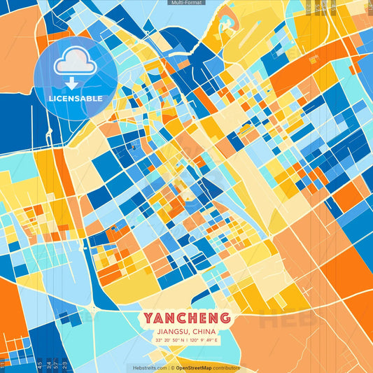 Yancheng, Jiangsu, China blue and orange vector art map template