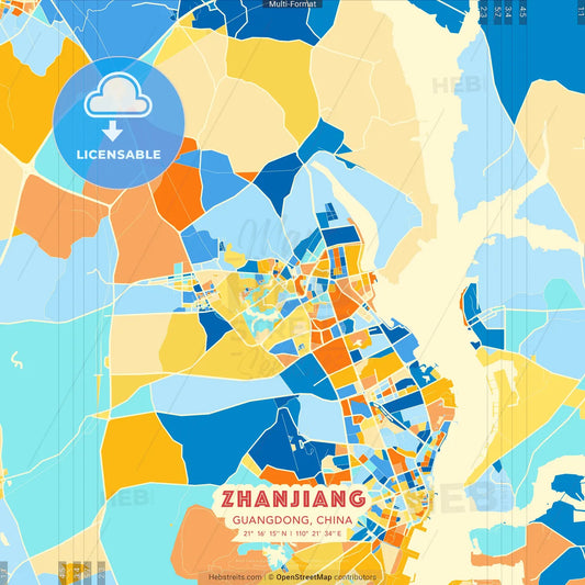 Zhanjiang, Guangdong, China blue and orange vector art map template