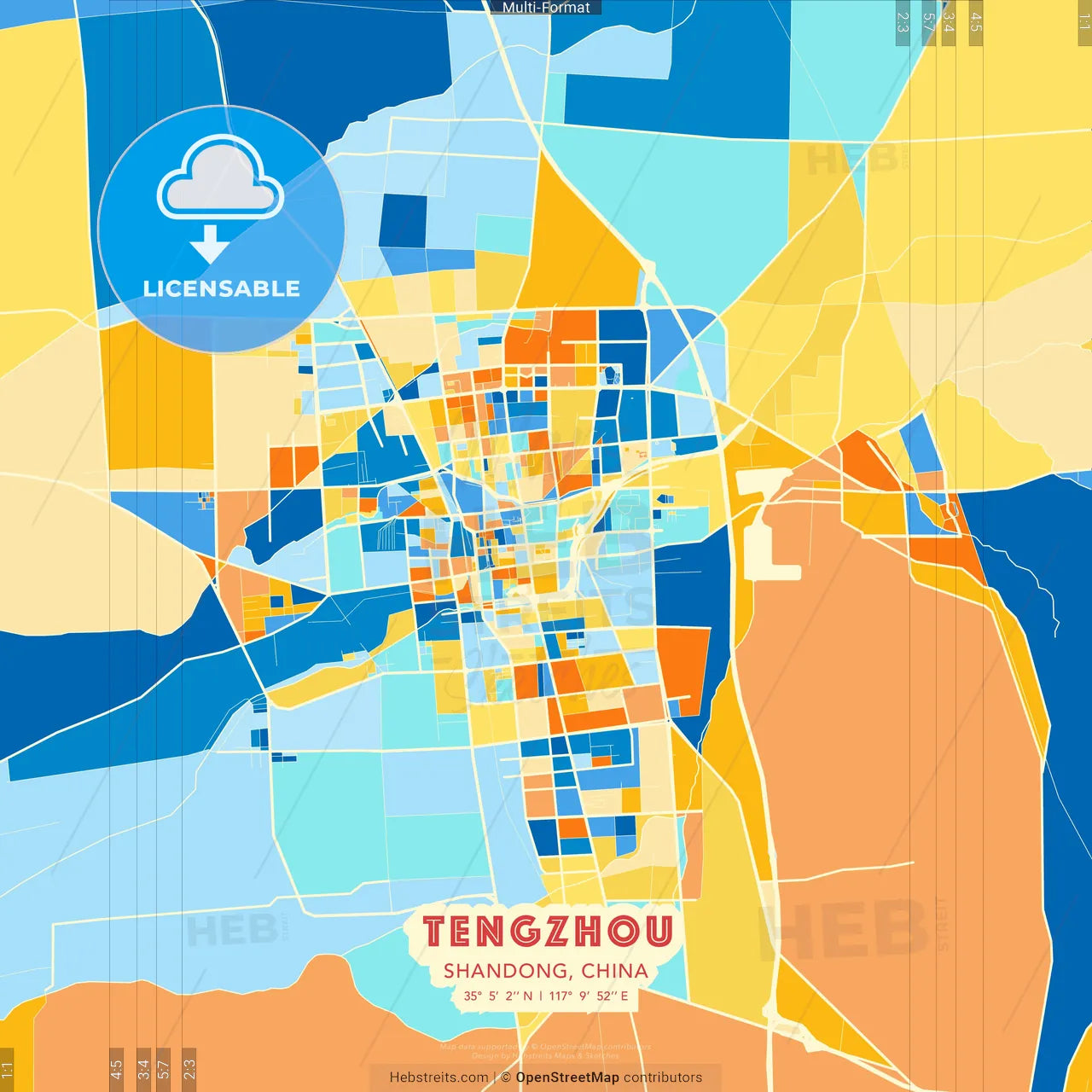 Tengzhou, Shandong, China blue and orange vector art map template
