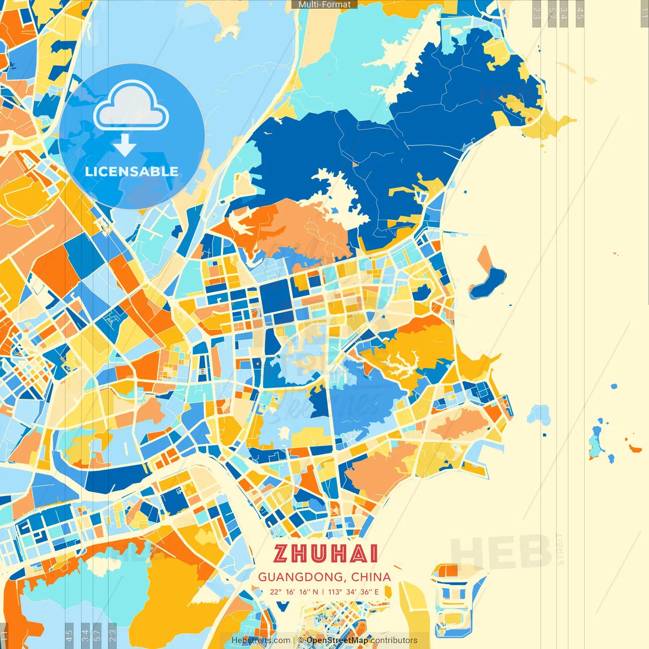 Zhuhai, Guangdong, China blue and orange vector art map template