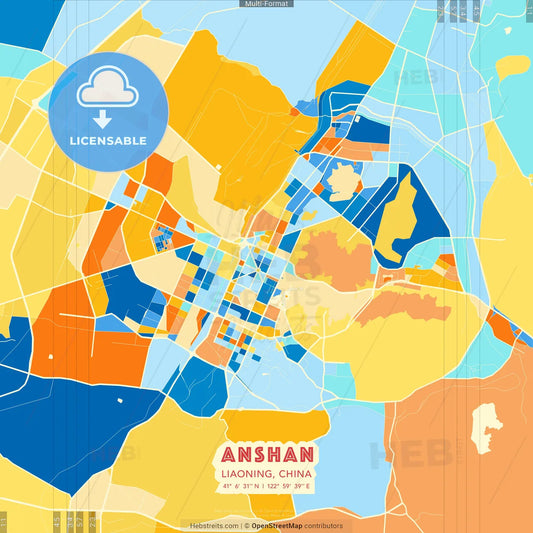 Anshan, Liaoning, China blue and orange vector art map template