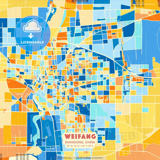Weifang, Shandong, China blue and orange vector art map template